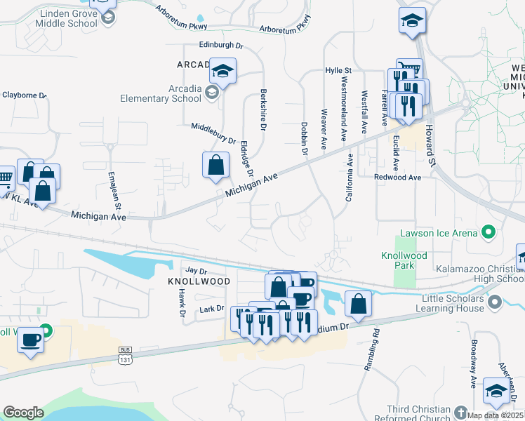 map of restaurants, bars, coffee shops, grocery stores, and more near 3640 Kenbrooke Court in Kalamazoo