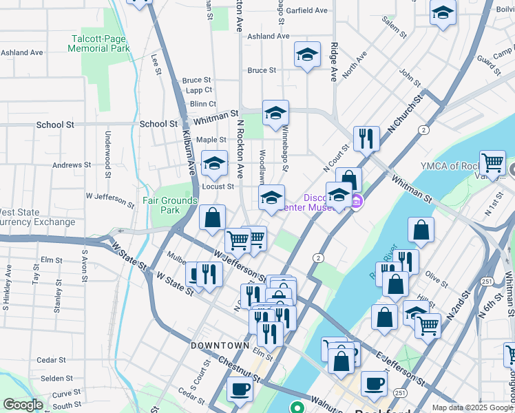 map of restaurants, bars, coffee shops, grocery stores, and more near 528 Woodlawn Avenue in Rockford