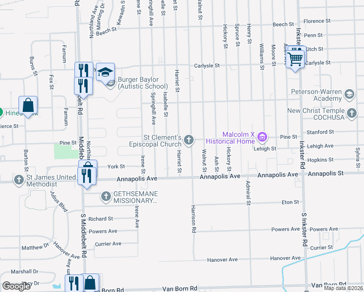 map of restaurants, bars, coffee shops, grocery stores, and more near 4310 Harriet Street in Inkster