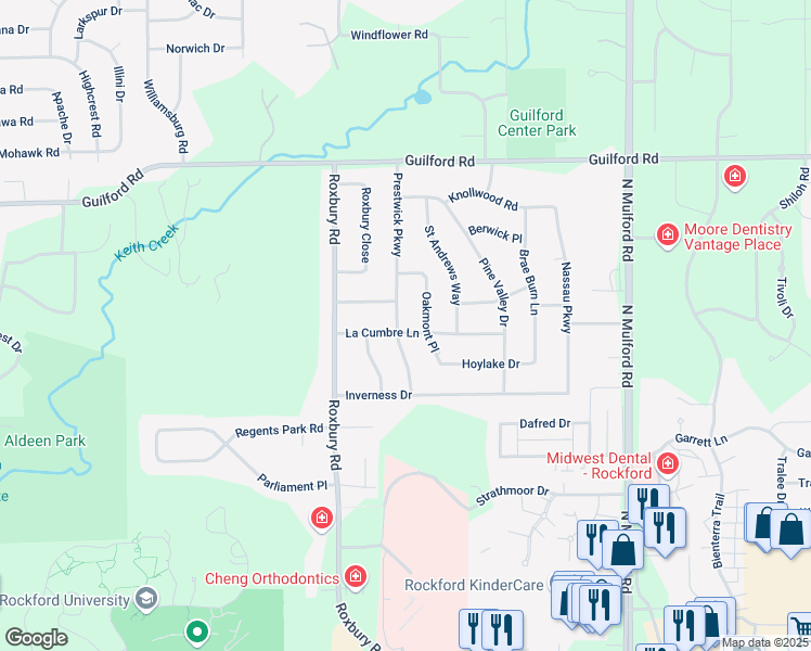 map of restaurants, bars, coffee shops, grocery stores, and more near 907 Prestwick Parkway in Rockford