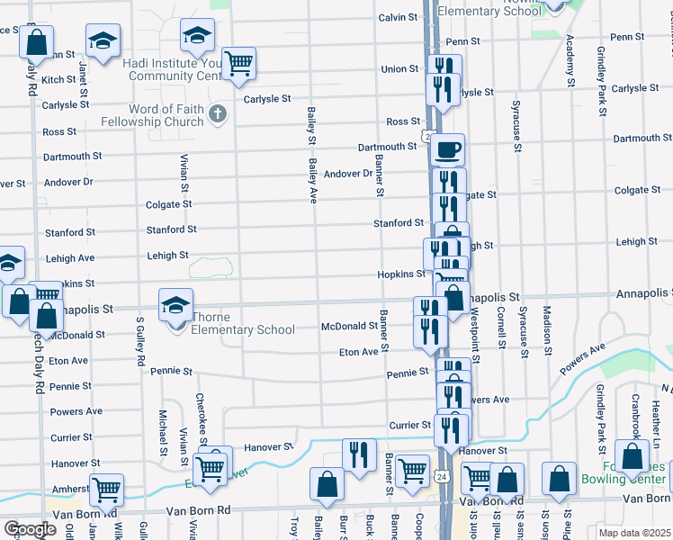 map of restaurants, bars, coffee shops, grocery stores, and more near 24416 Hopkins Street in Dearborn Heights