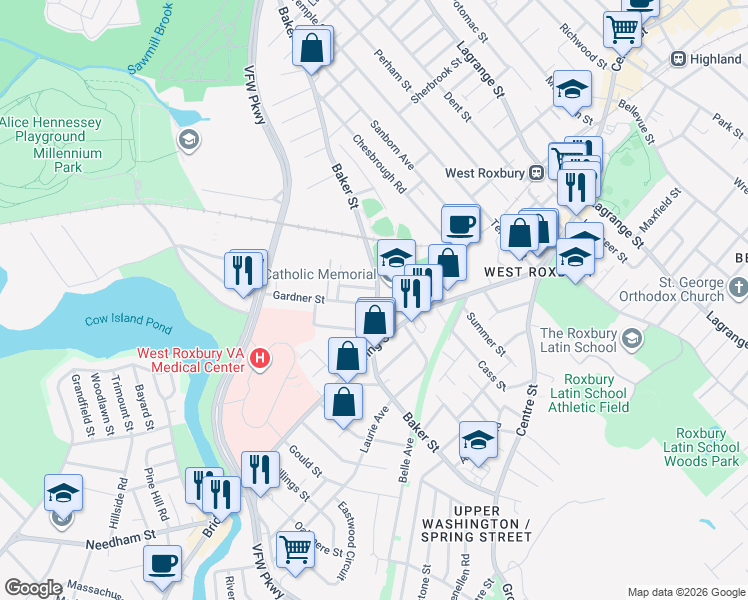 map of restaurants, bars, coffee shops, grocery stores, and more near 31 Gardner Street in Boston
