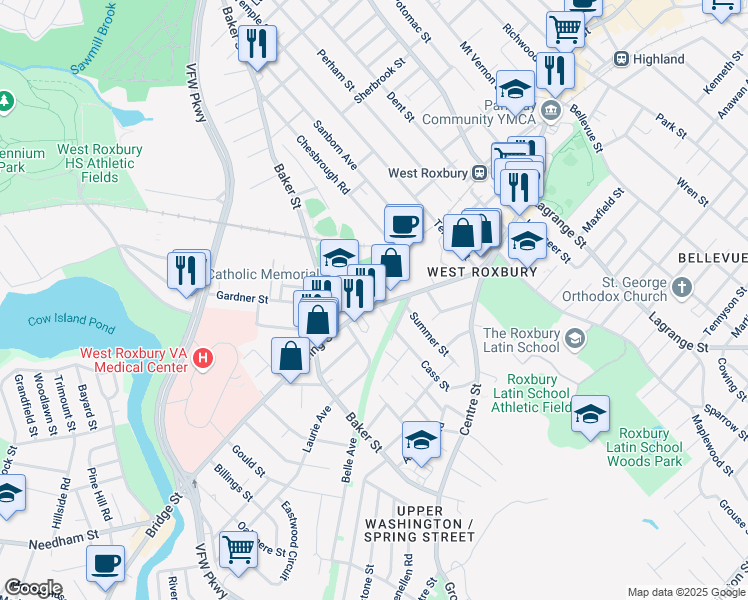 map of restaurants, bars, coffee shops, grocery stores, and more near 97 Spring Street in Boston