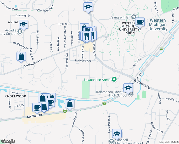 map of restaurants, bars, coffee shops, grocery stores, and more near 1419 Lafayette Avenue in Kalamazoo Township