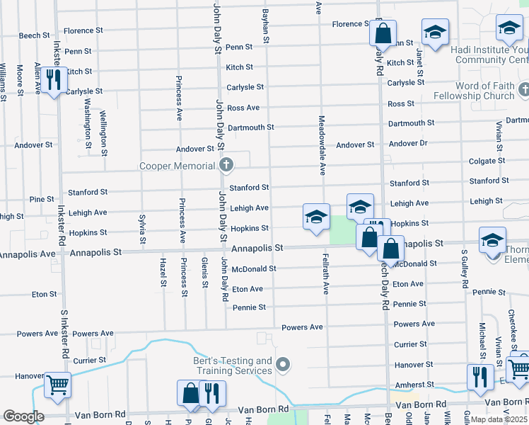 map of restaurants, bars, coffee shops, grocery stores, and more near 26327 Lehigh Street in Inkster