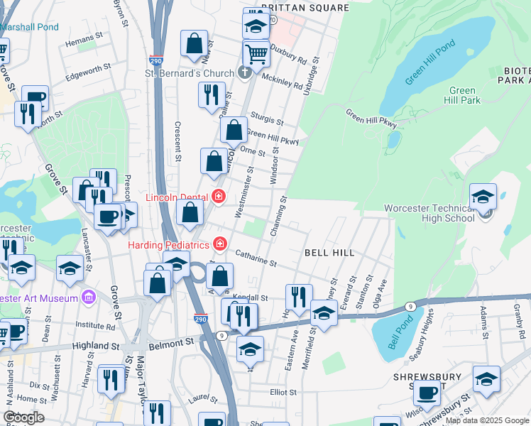 map of restaurants, bars, coffee shops, grocery stores, and more near 15 Windsor Street in Worcester