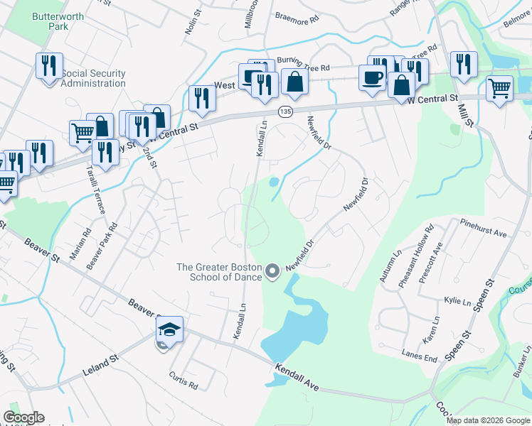 map of restaurants, bars, coffee shops, grocery stores, and more near 42 Village Brook Lane in Natick