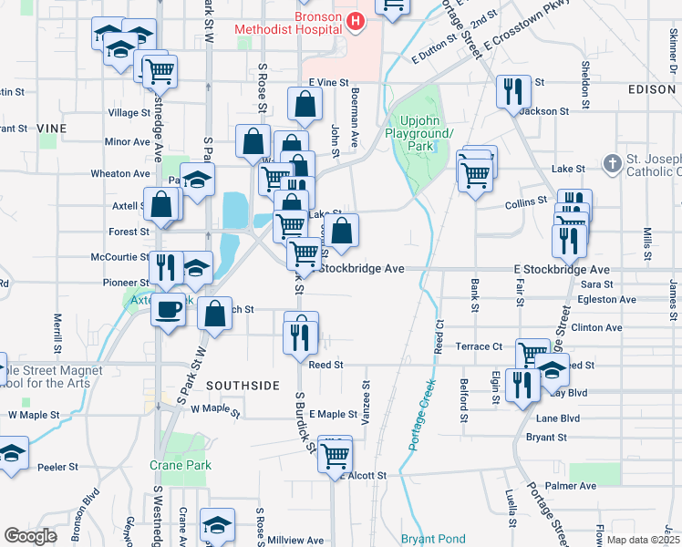 map of restaurants, bars, coffee shops, grocery stores, and more near 146 East Stockbridge Avenue in Kalamazoo