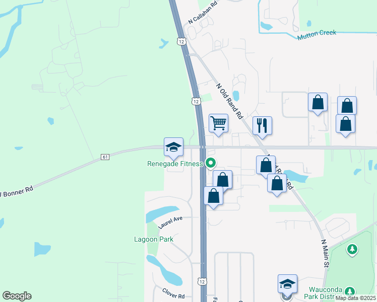 map of restaurants, bars, coffee shops, grocery stores, and more near 1215 Larkdale Row in Wauconda