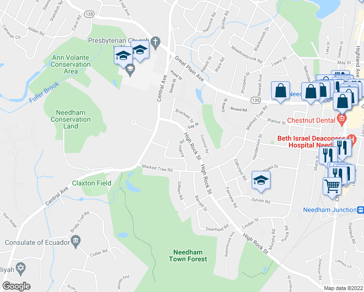 map of restaurants, bars, coffee shops, grocery stores, and more near 20 Avalon Road in Needham
