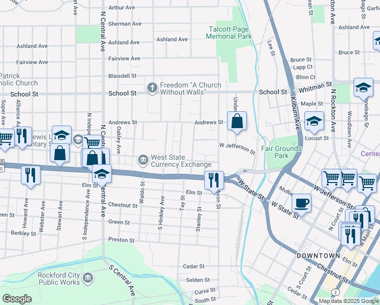 map of restaurants, bars, coffee shops, grocery stores, and more near 214 Oakwood Avenue in Rockford