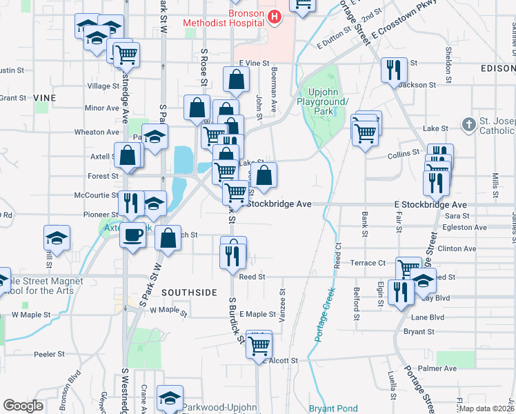 map of restaurants, bars, coffee shops, grocery stores, and more near 146 East Stockbridge Avenue in Kalamazoo