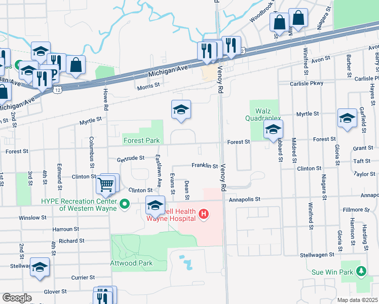 map of restaurants, bars, coffee shops, grocery stores, and more near 33115 Forest Street in Wayne