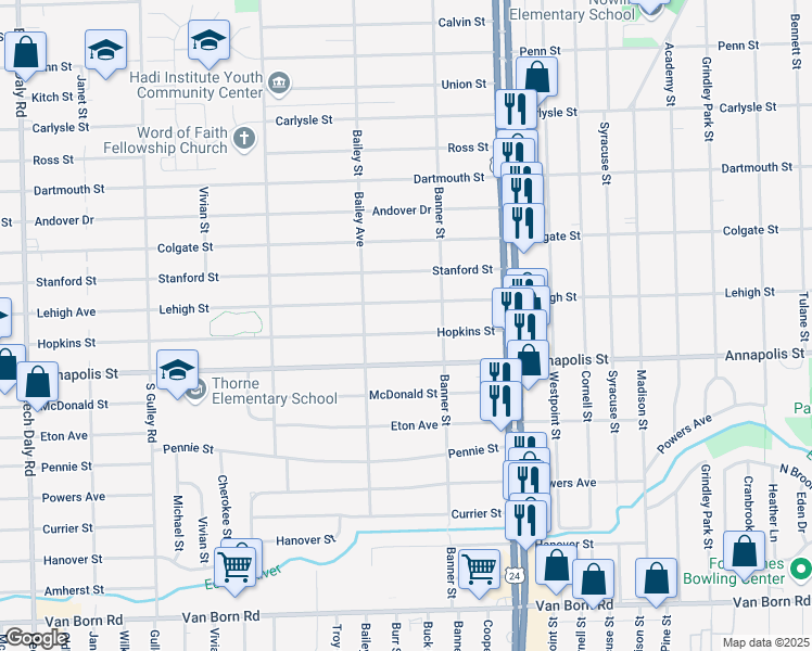 map of restaurants, bars, coffee shops, grocery stores, and more near 24416 Hopkins Street in Dearborn Heights