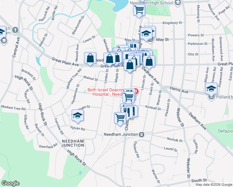 map of restaurants, bars, coffee shops, grocery stores, and more near 78 Maple Street in Needham