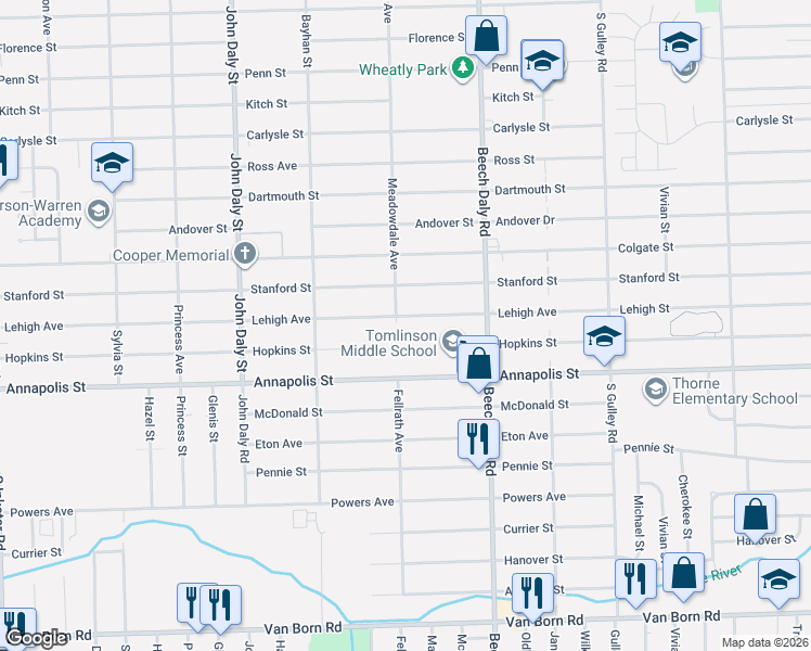 map of restaurants, bars, coffee shops, grocery stores, and more near 26103 Lehigh Street in Inkster