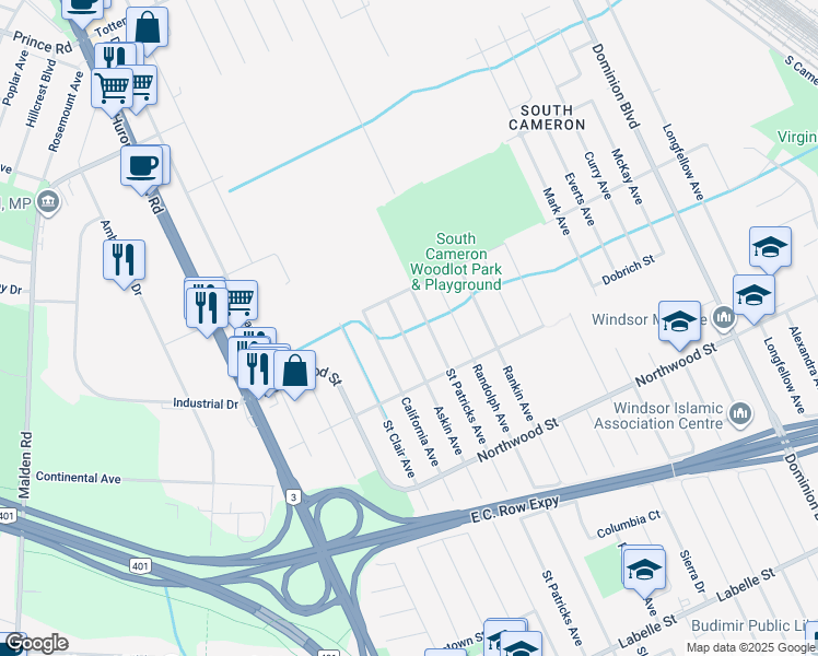 map of restaurants, bars, coffee shops, grocery stores, and more near 2240 Askin Avenue in Windsor