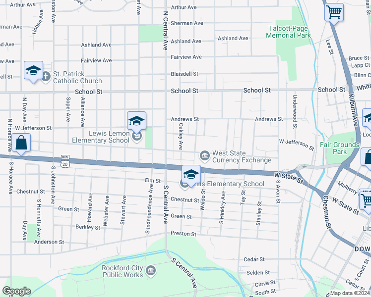 map of restaurants, bars, coffee shops, grocery stores, and more near 1519 Mulberry Street in Rockford