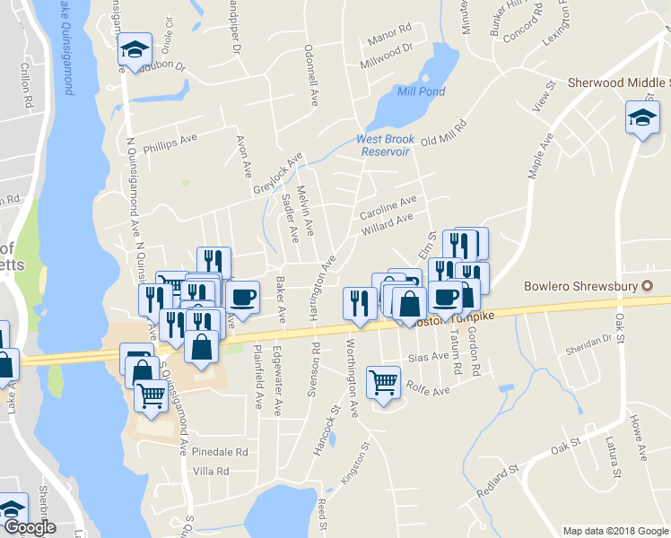 map of restaurants, bars, coffee shops, grocery stores, and more near 5 Whitney Street in Shrewsbury