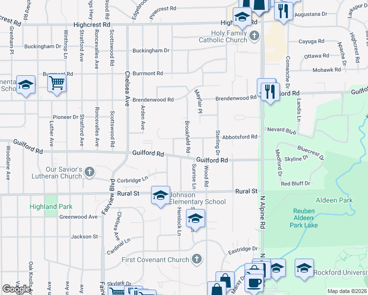 map of restaurants, bars, coffee shops, grocery stores, and more near 919 Brookfield Road in Rockford