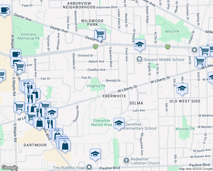 map of restaurants, bars, coffee shops, grocery stores, and more near 541 Ventura Court in Ann Arbor