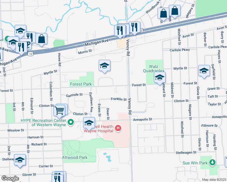 map of restaurants, bars, coffee shops, grocery stores, and more near 33115 Forest Street in Wayne