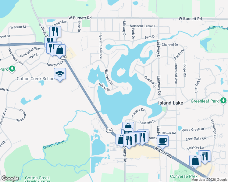 map of restaurants, bars, coffee shops, grocery stores, and more near 129 Dorothy Drive in Island Lake
