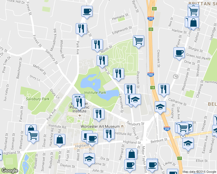 map of restaurants, bars, coffee shops, grocery stores, and more near 141 Grove Street in Worcester