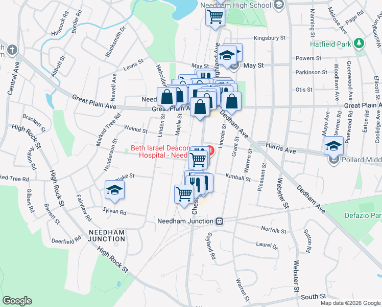 map of restaurants, bars, coffee shops, grocery stores, and more near 15 Oak Street in Needham