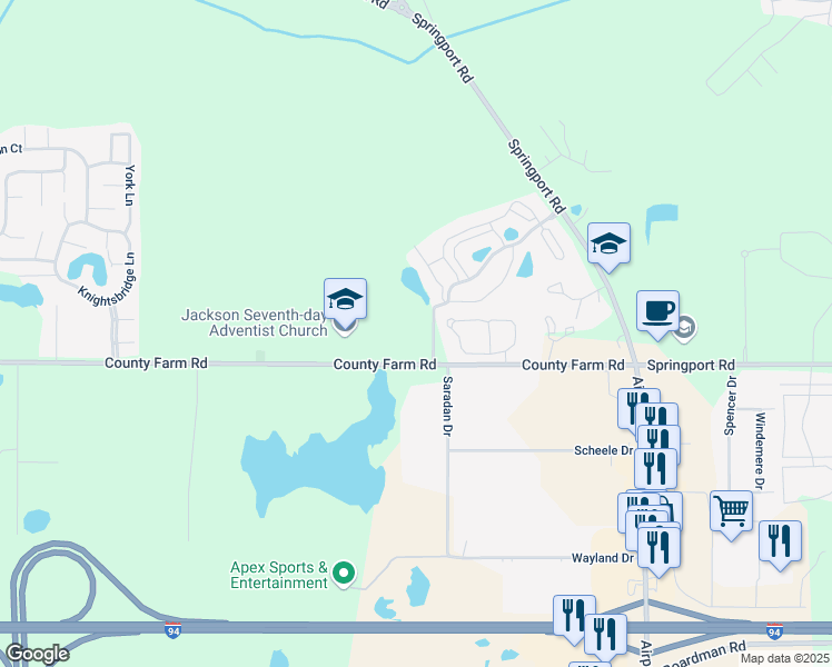 map of restaurants, bars, coffee shops, grocery stores, and more near 3300 County Farm Road in Jackson