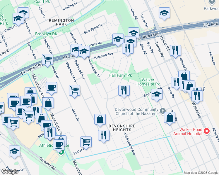map of restaurants, bars, coffee shops, grocery stores, and more near 1487 Azalia Crescent in Windsor