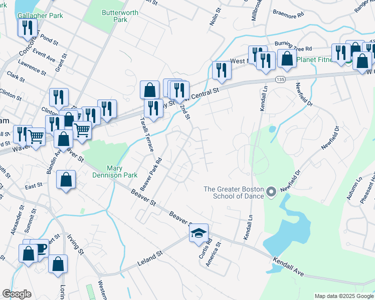 map of restaurants, bars, coffee shops, grocery stores, and more near 1b Beaver Terrace Circle in Framingham