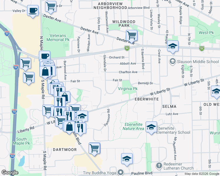 map of restaurants, bars, coffee shops, grocery stores, and more near 517 Glendale Circle in Ann Arbor