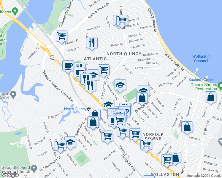 map of restaurants, bars, coffee shops, grocery stores, and more near 196 Newbury Avenue in Quincy