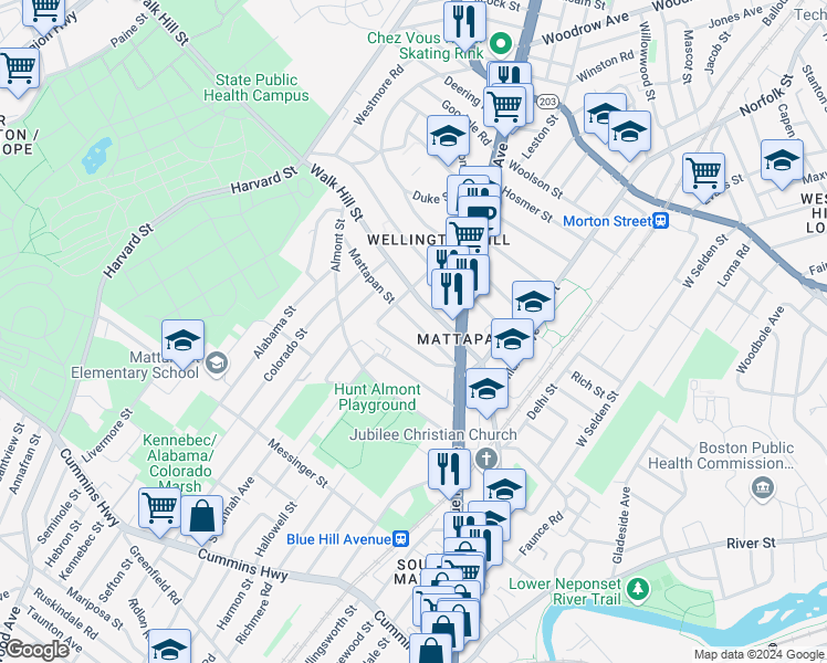 map of restaurants, bars, coffee shops, grocery stores, and more near 46 Mattapan Street in Boston