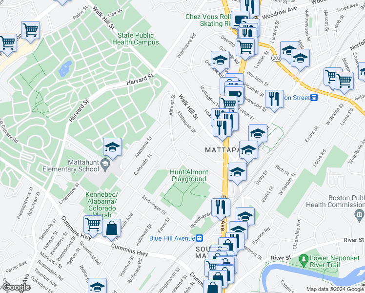 map of restaurants, bars, coffee shops, grocery stores, and more near 76 Hiawatha Road in Boston