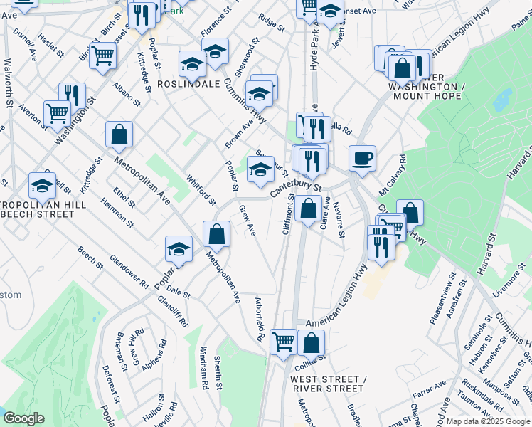 map of restaurants, bars, coffee shops, grocery stores, and more near 26 Grew Avenue in Boston