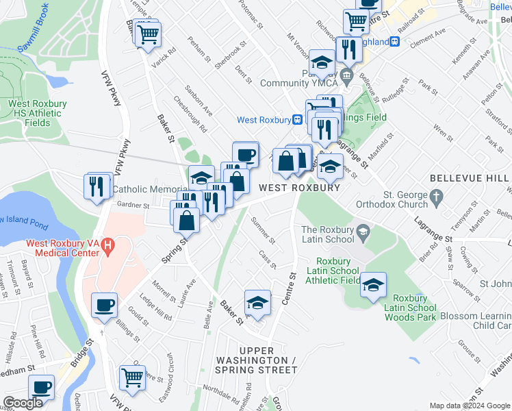 map of restaurants, bars, coffee shops, grocery stores, and more near 56 Spring Street in Boston