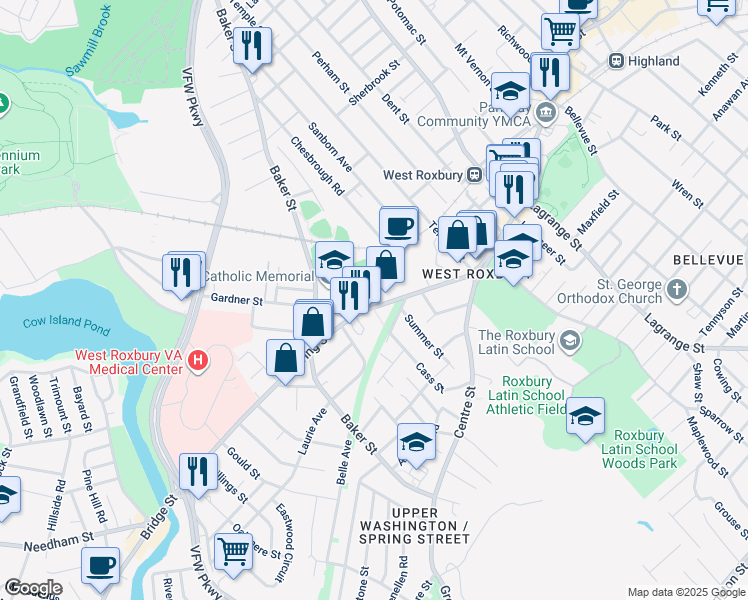 map of restaurants, bars, coffee shops, grocery stores, and more near 14 Springvale Avenue in Boston