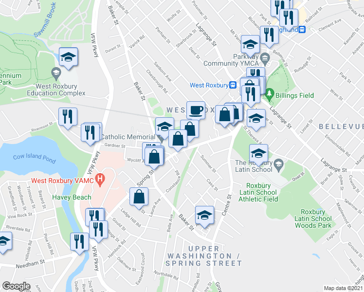 map of restaurants, bars, coffee shops, grocery stores, and more near 14 Springvale Avenue in Boston