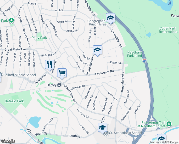 map of restaurants, bars, coffee shops, grocery stores, and more near 117 Grosvenor Road in Needham