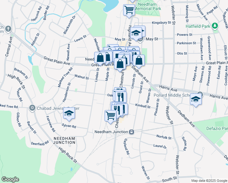 map of restaurants, bars, coffee shops, grocery stores, and more near 165 Chestnut Street in Needham