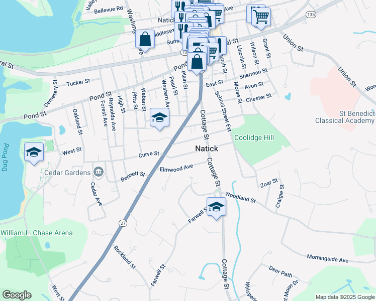 map of restaurants, bars, coffee shops, grocery stores, and more near 24 Walcott Street in Natick