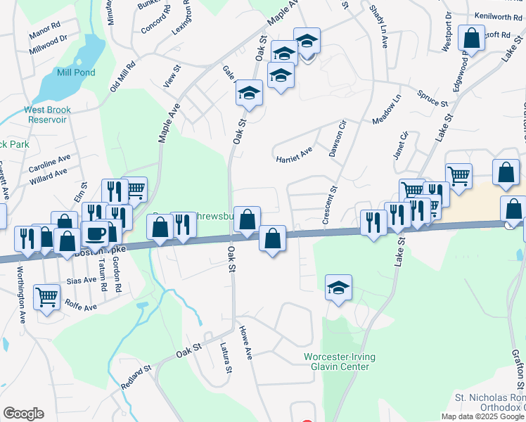 map of restaurants, bars, coffee shops, grocery stores, and more near 24 Williamsburg Court in Shrewsbury