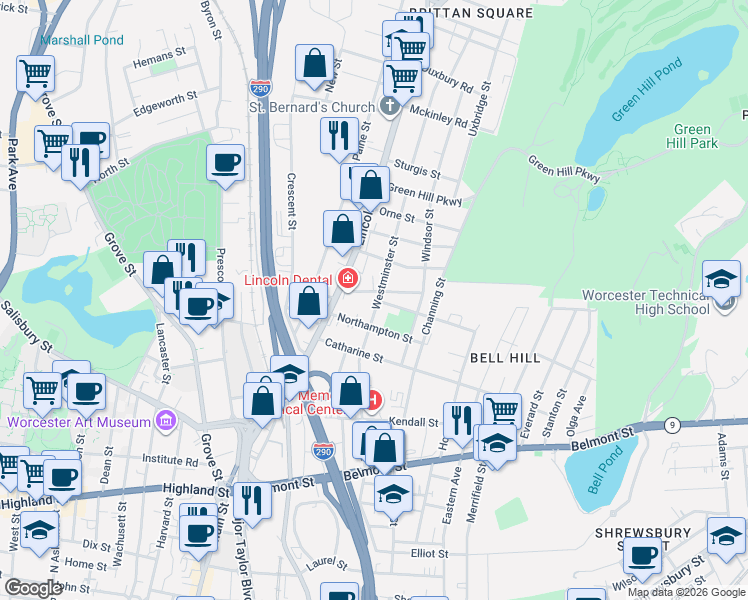 map of restaurants, bars, coffee shops, grocery stores, and more near 21 Westminster Street in Worcester