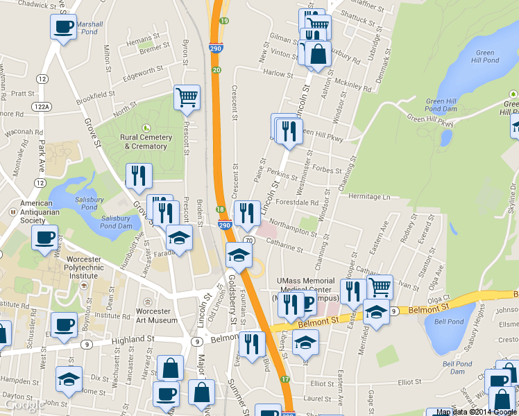 map of restaurants, bars, coffee shops, grocery stores, and more near 134 Lincoln Street in Worcester