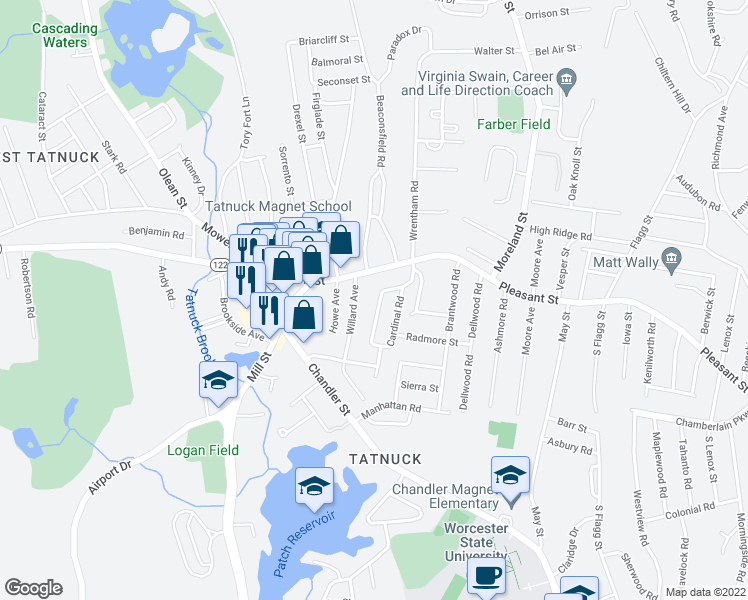 map of restaurants, bars, coffee shops, grocery stores, and more near 4 Maxdale Road in Worcester