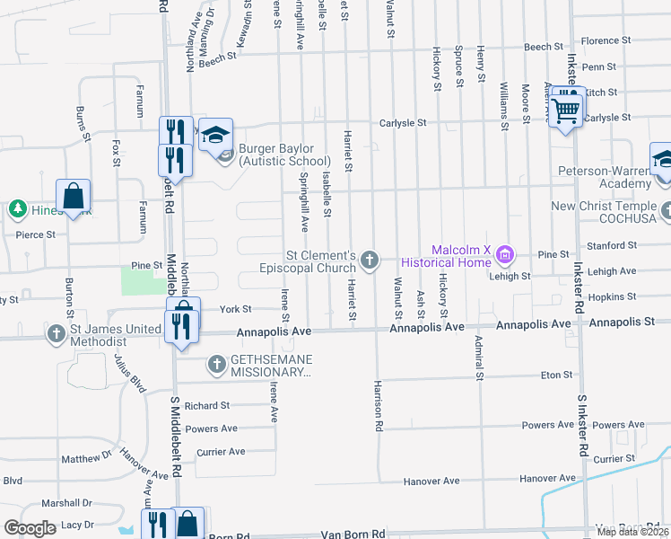 map of restaurants, bars, coffee shops, grocery stores, and more near 4310 Harriet Street in Inkster