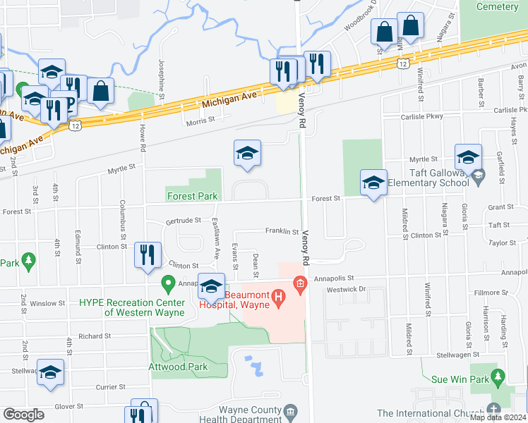 map of restaurants, bars, coffee shops, grocery stores, and more near 33115 Forest Street in Wayne