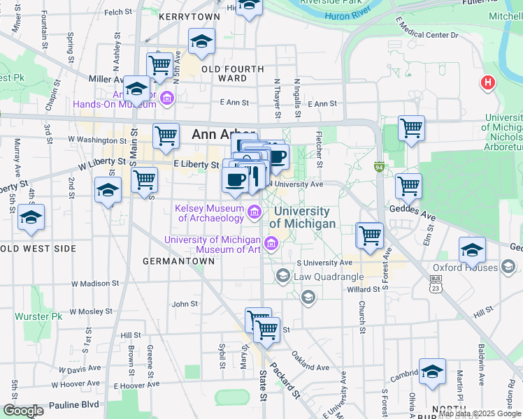 map of restaurants, bars, coffee shops, grocery stores, and more near in Ann Arbor